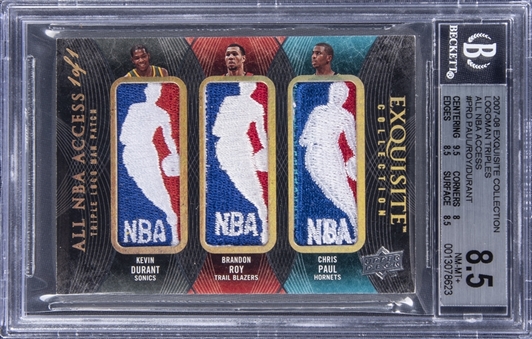 2007-08 UD "Exquisite Collection" All NBA Access "Triple Logoman" #NBA-PRD Durant/Roy/Paul Triple Logoman Patch Card (#1/1) - BGS NM-MT+8.5 - Kevin Durants Rookie Year Logoman!